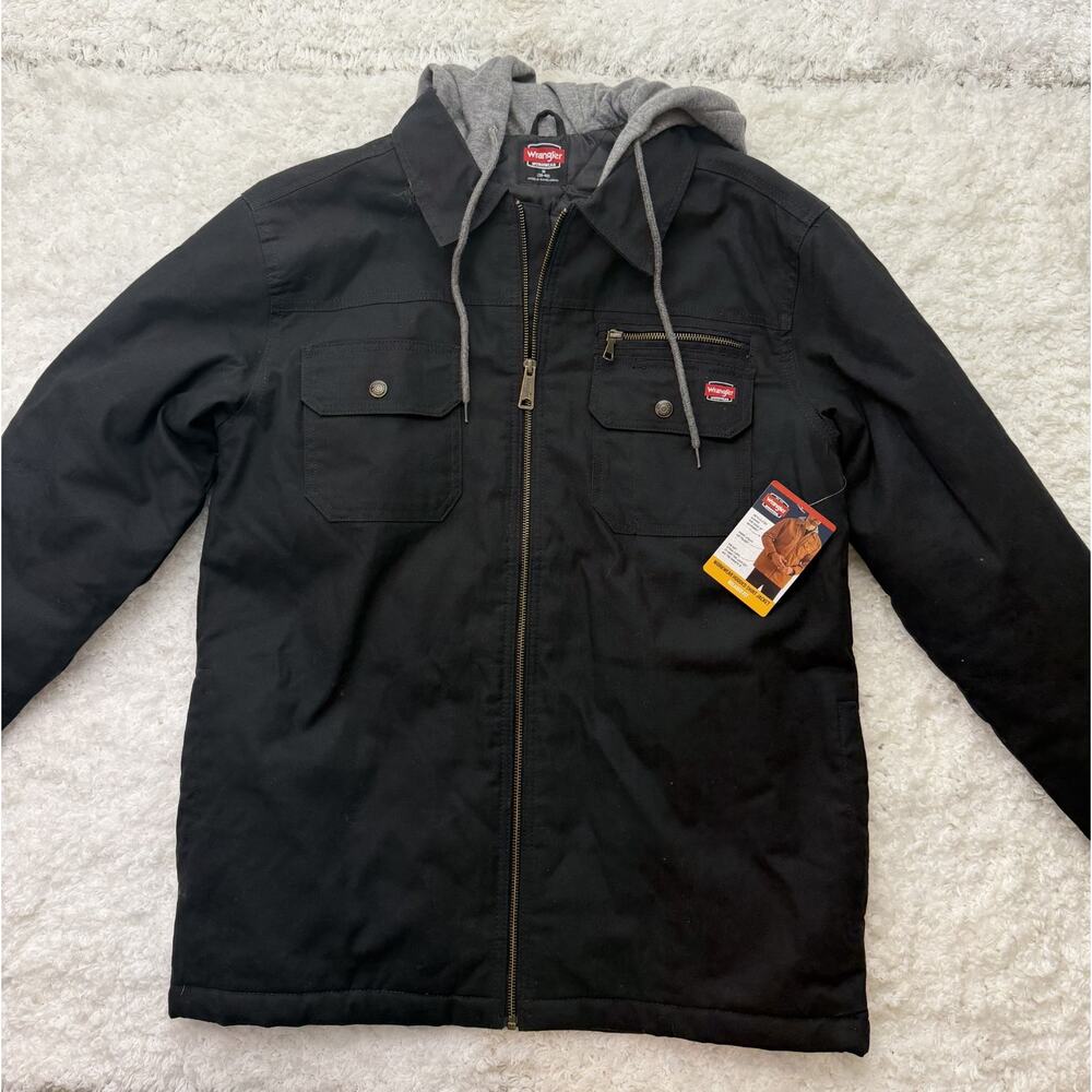 Wrangler Men's‎ Canvas Hooded Work Jacket MEDIUM BLACK Quilted Lining